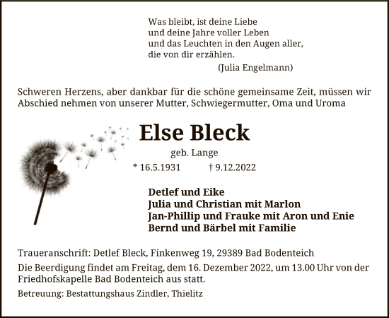 Traueranzeige von Else Bleck von UEL