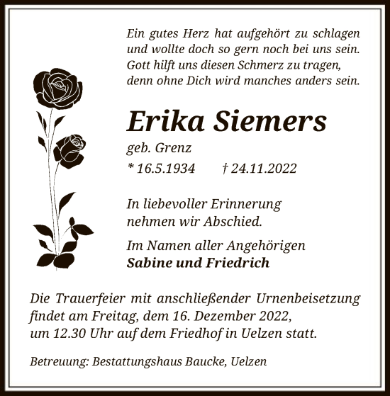 Traueranzeige von Erika Siemers von UEL