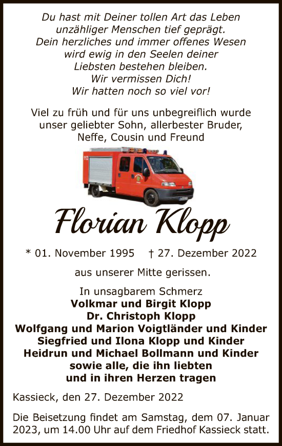 Traueranzeige von Florian Klopp von UEL