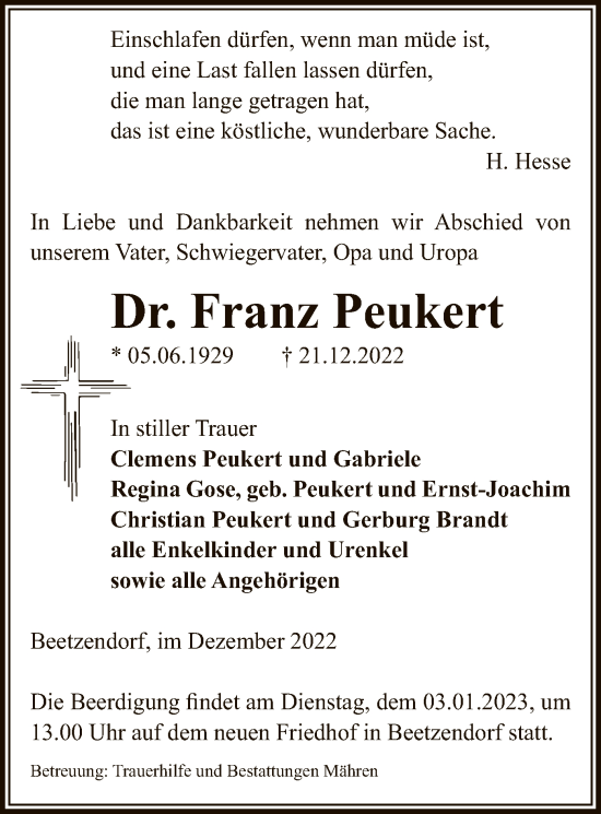 Traueranzeige von Franz Peukert von UEL