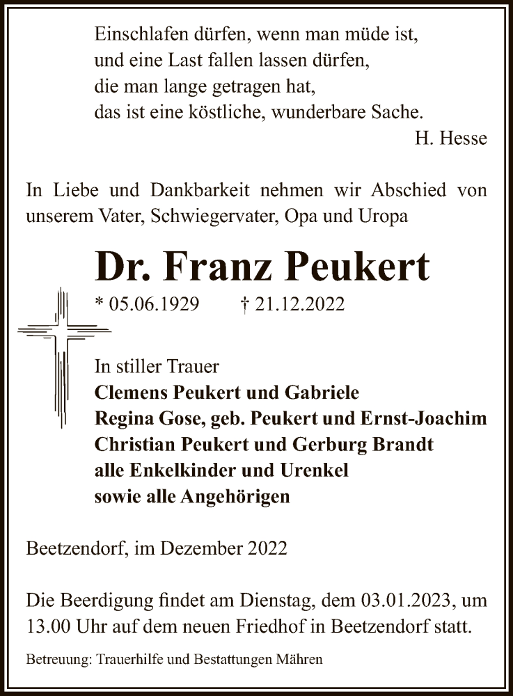  Traueranzeige für Franz Peukert vom 27.12.2022 aus UEL