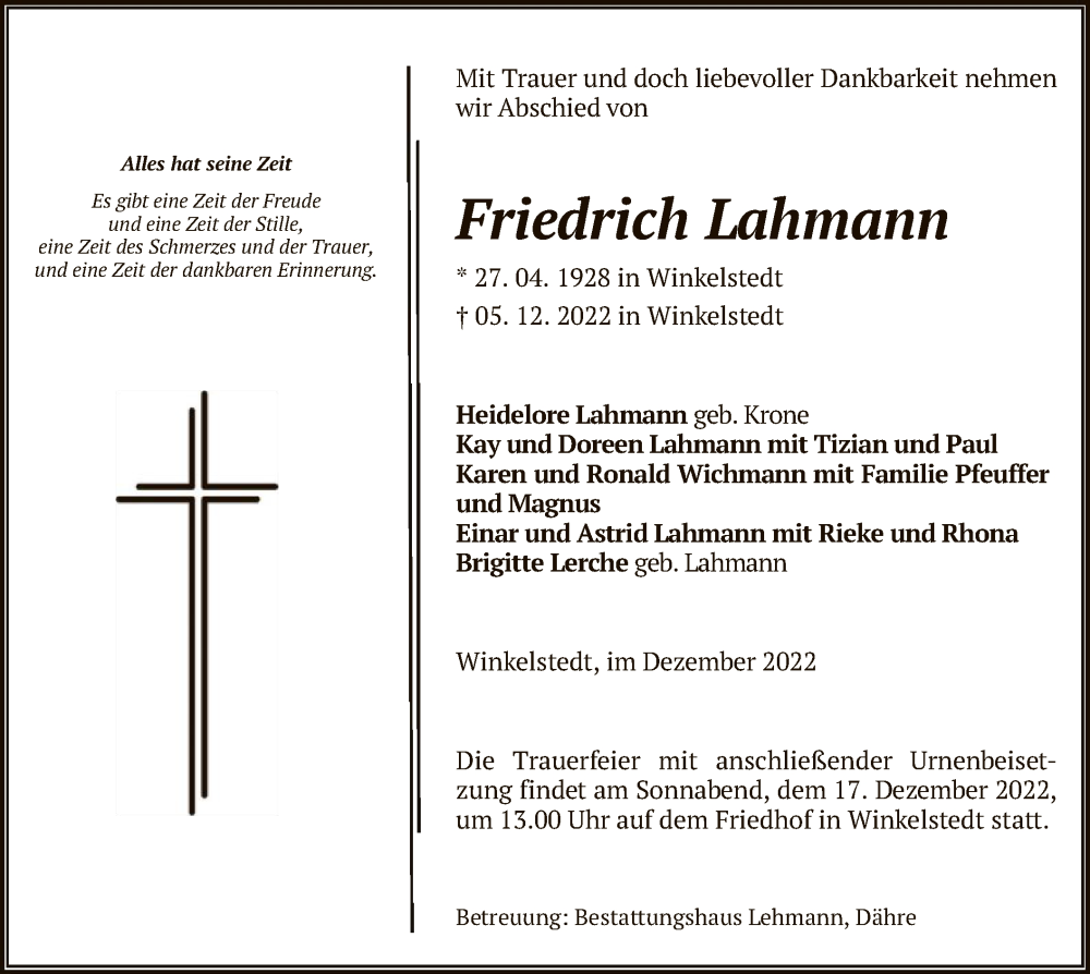  Traueranzeige für Friedrich Lahmann vom 07.12.2022 aus UEL
