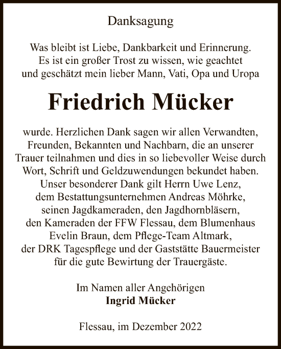 Traueranzeige von Friedrich Mücker von UEL