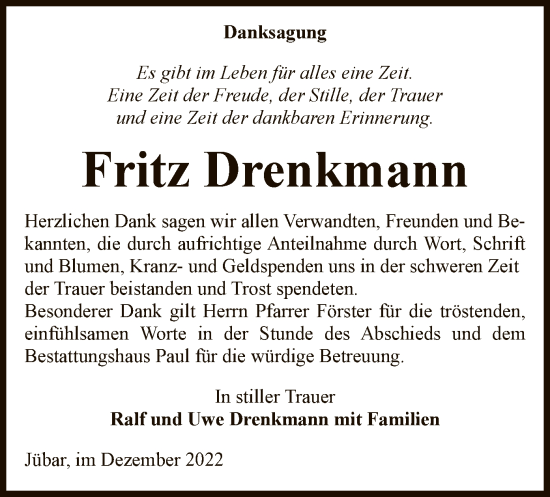 Traueranzeige von Fritz Drenkmann von UEL