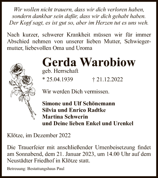 Traueranzeige von Gerda Warobiow von UEL