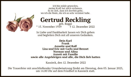 Traueranzeige von Gertrud Reckling von UEL