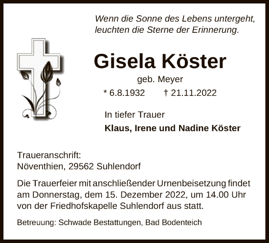 Traueranzeige von Gisela Köster von UEL