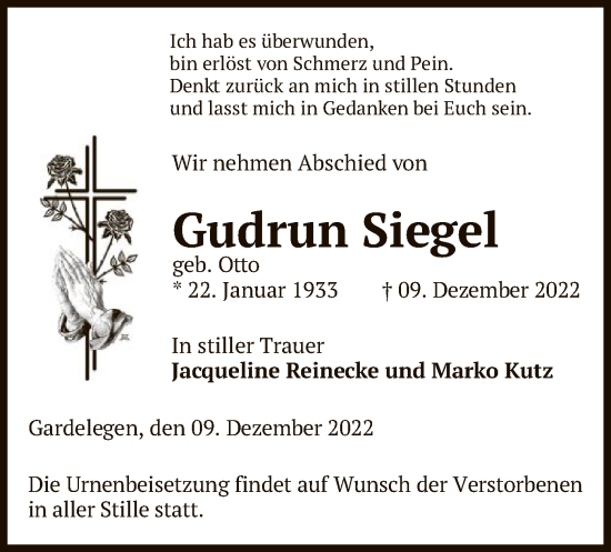 Traueranzeige von Gudrun Siegel von UEL