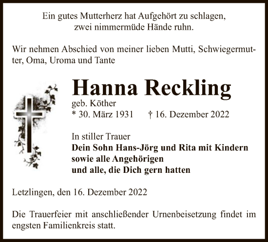 Traueranzeige von Hanna Reckling von UEL