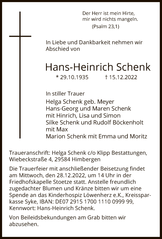 Traueranzeige von Hans-Heinrich Schenk von UEL