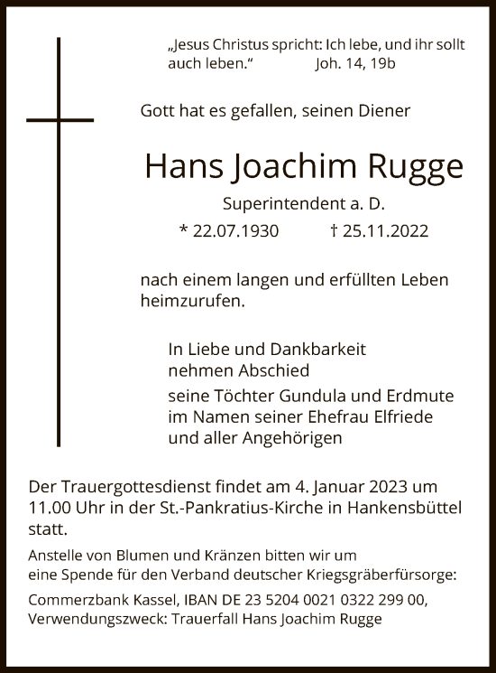 Traueranzeige von Hans Joachim Rugge von UEL