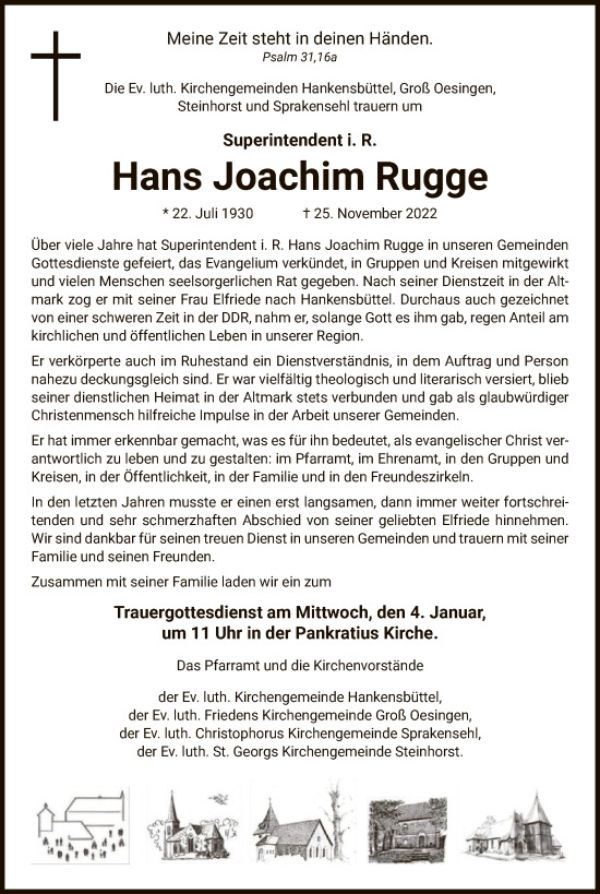 Traueranzeige von Hans Joachim Rugge von UEL