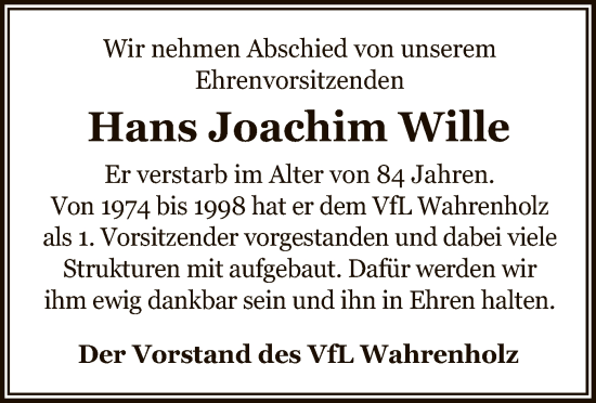 Traueranzeige von Hans Joachim Wille von UEL