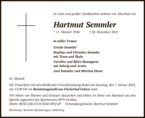 Traueranzeige von Hartmut Semmler von UEL