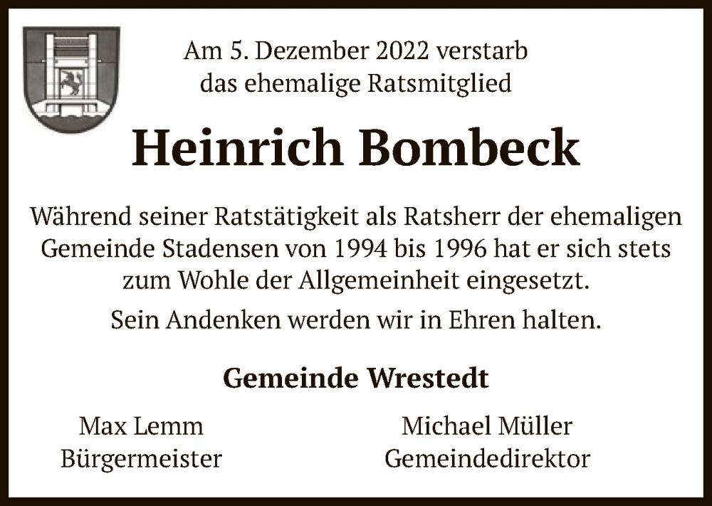  Traueranzeige für Heinrich Bombeck vom 10.12.2022 aus UEL