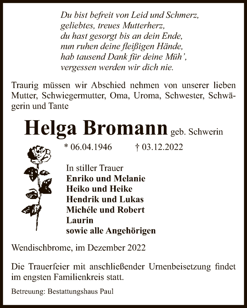  Traueranzeige für Helga Bromann vom 07.12.2022 aus UEL