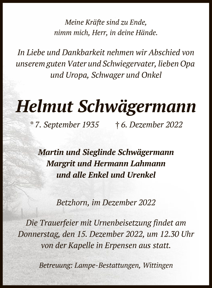  Traueranzeige für Helmut Schwägermann vom 09.12.2022 aus UEL