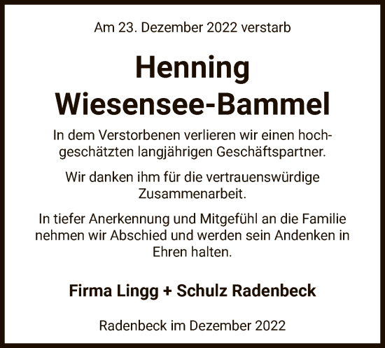 Traueranzeige von Henning Wiesensee-Bammel von UEL