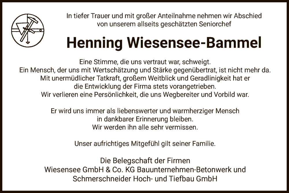  Traueranzeige für Henning Wiesensee-Bammel vom 30.12.2022 aus UEL