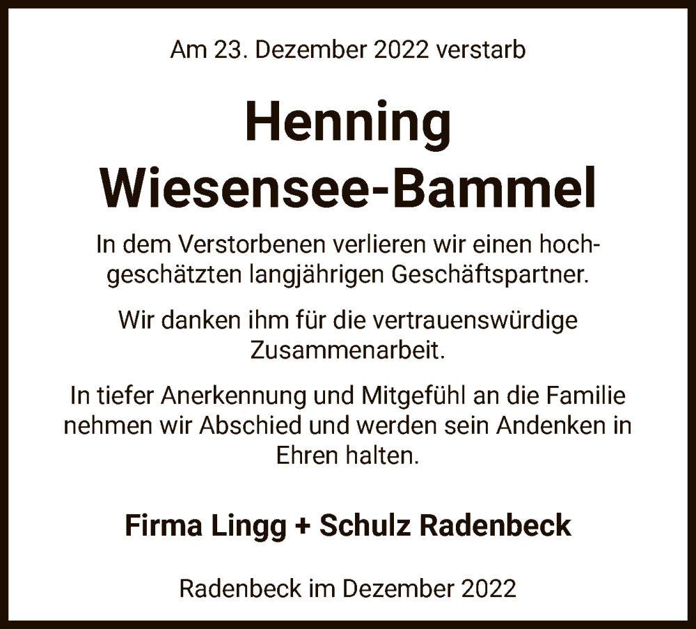  Traueranzeige für Henning Wiesensee-Bammel vom 30.12.2022 aus UEL