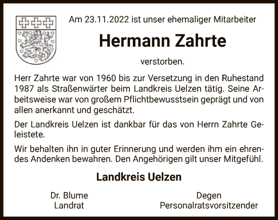 Traueranzeige von Hermann Zahrte von UEL