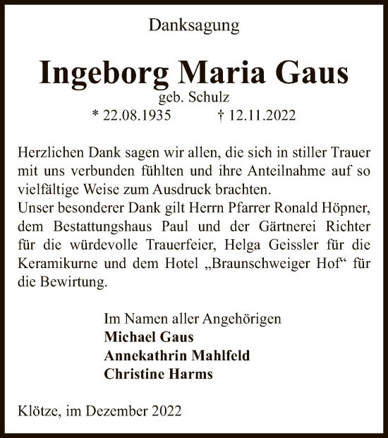 Traueranzeige von Ingeborg Maria Gaus von UEL