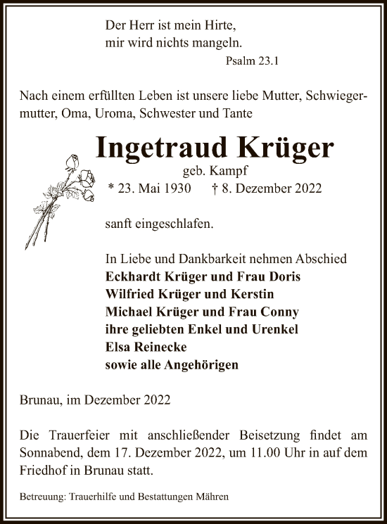 Traueranzeige von Ingetraud Krüger von UEL