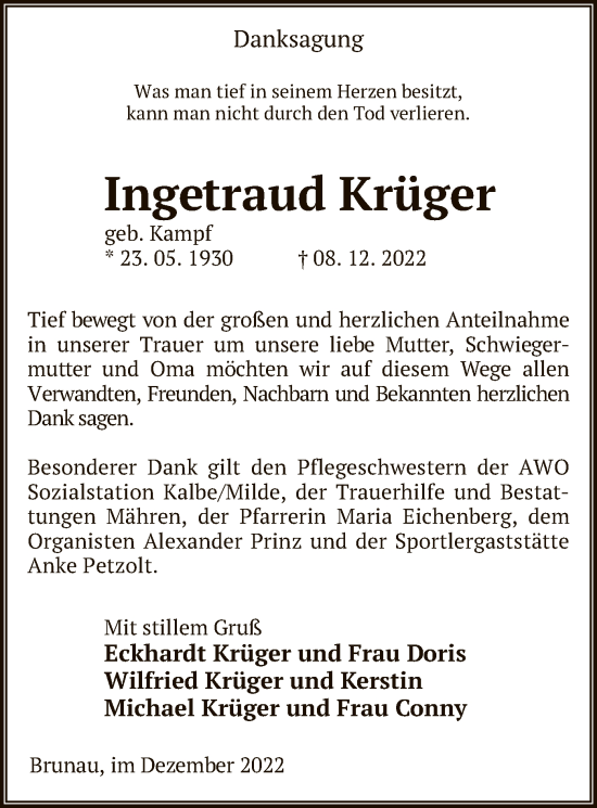 Traueranzeige von Ingetraud Krüger von UEL