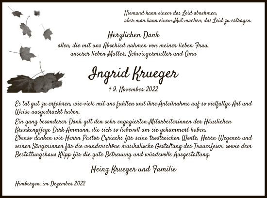 Traueranzeige von Ingrid Krueger von UEL