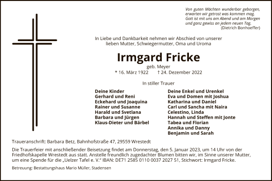 Traueranzeige von Irmgard Fricke von UEL