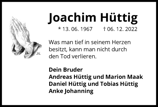 Traueranzeige von Joachim Hüttig von UEL