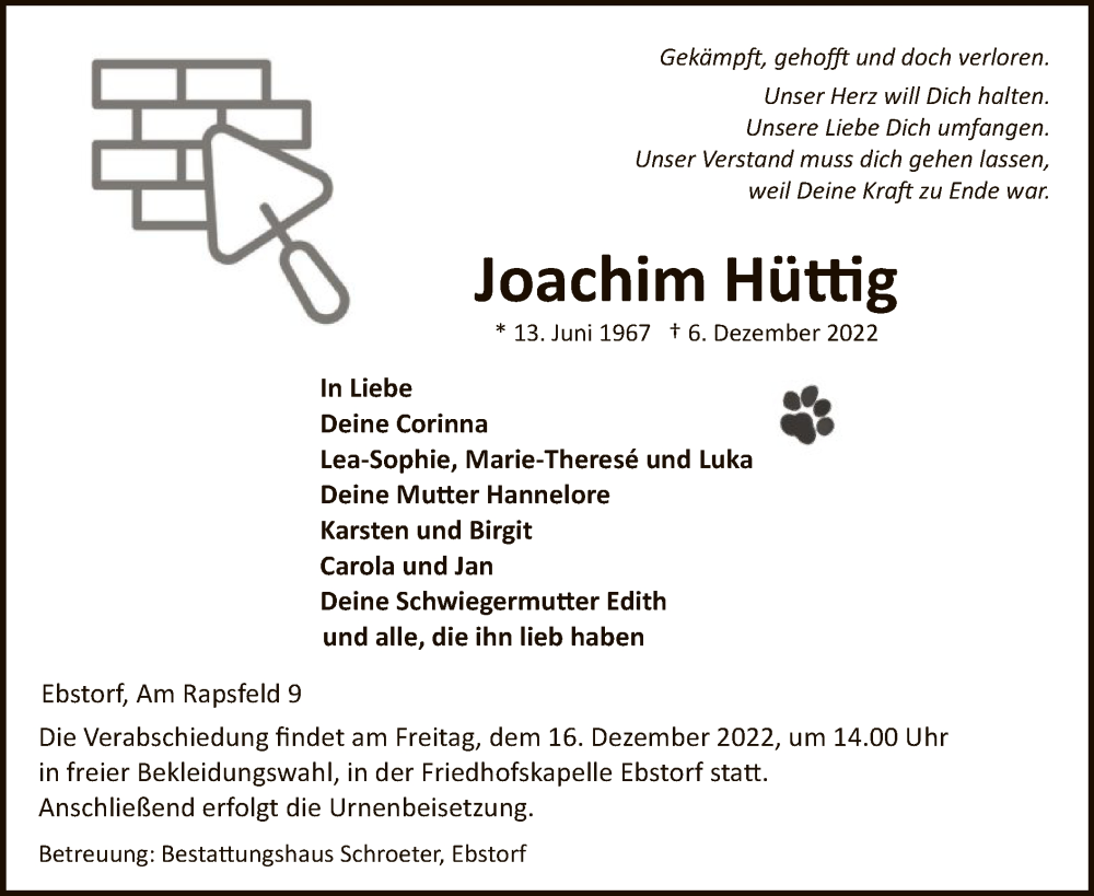  Traueranzeige für Joachim Hüttig vom 10.12.2022 aus UEL