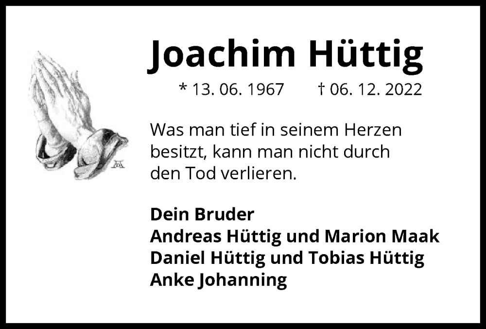  Traueranzeige für Joachim Hüttig vom 16.12.2022 aus UEL