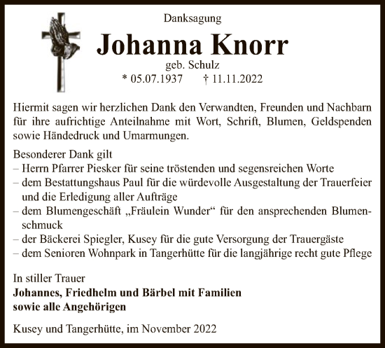 Traueranzeige von Johanna Knorr von UEL