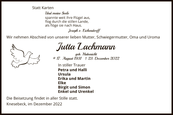 Traueranzeige von Jutta Lachmann von UEL