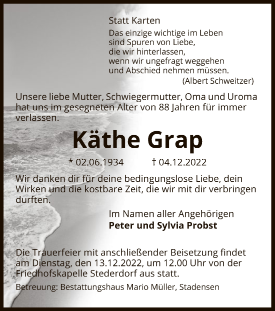 Traueranzeige von Käthe Grap von UEL