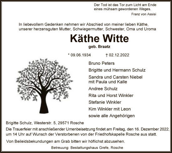 Traueranzeige von Käthe Witte von UEL