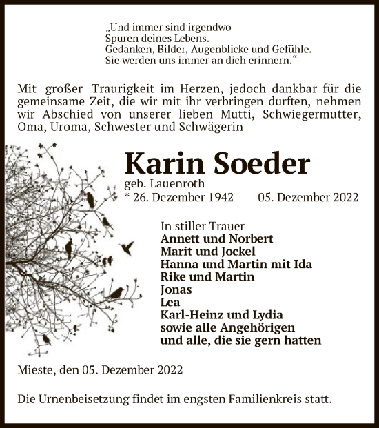 Traueranzeige von Karin Soeder von UEL