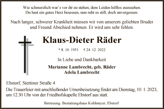 Traueranzeige von Klaus-Dieter Räder von UEL