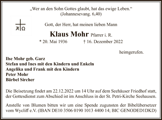 Traueranzeige von Klaus Mohr von UEL