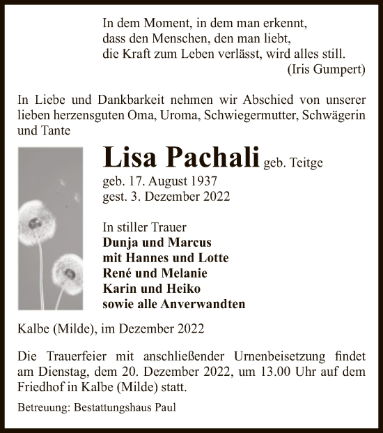 Traueranzeige von Lisa Pachali von UEL