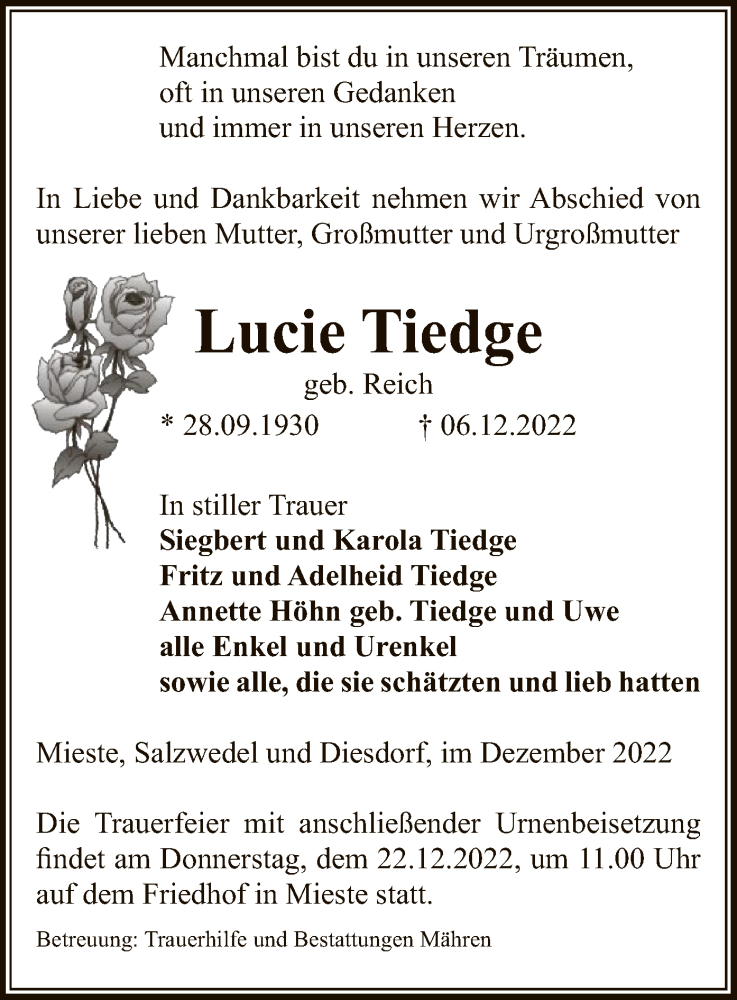  Traueranzeige für Lucie Tiedge vom 13.12.2022 aus UEL