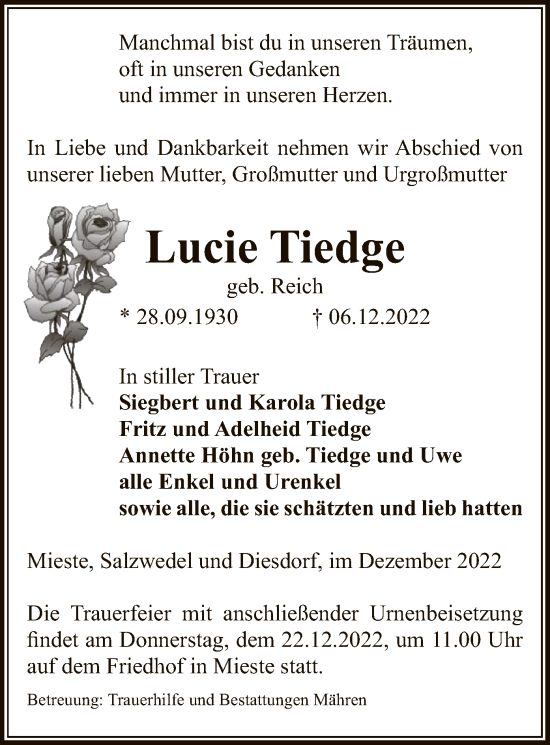 Traueranzeige von Lucie Tiedge von UEL