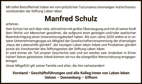 Traueranzeige von Manfred Schulz von UEL