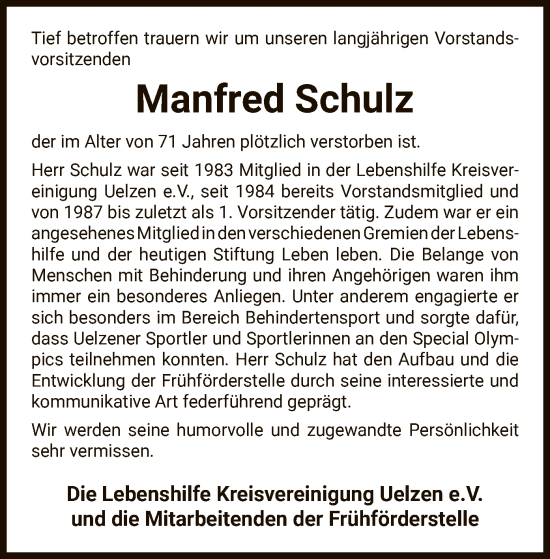 Traueranzeige von Manfred Schulz von UEL