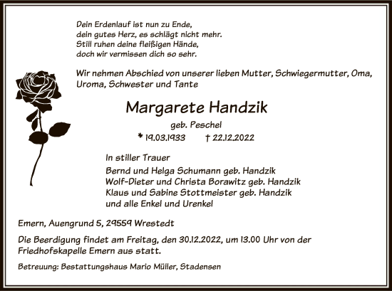 Traueranzeige von Margarete Handzik von UEL