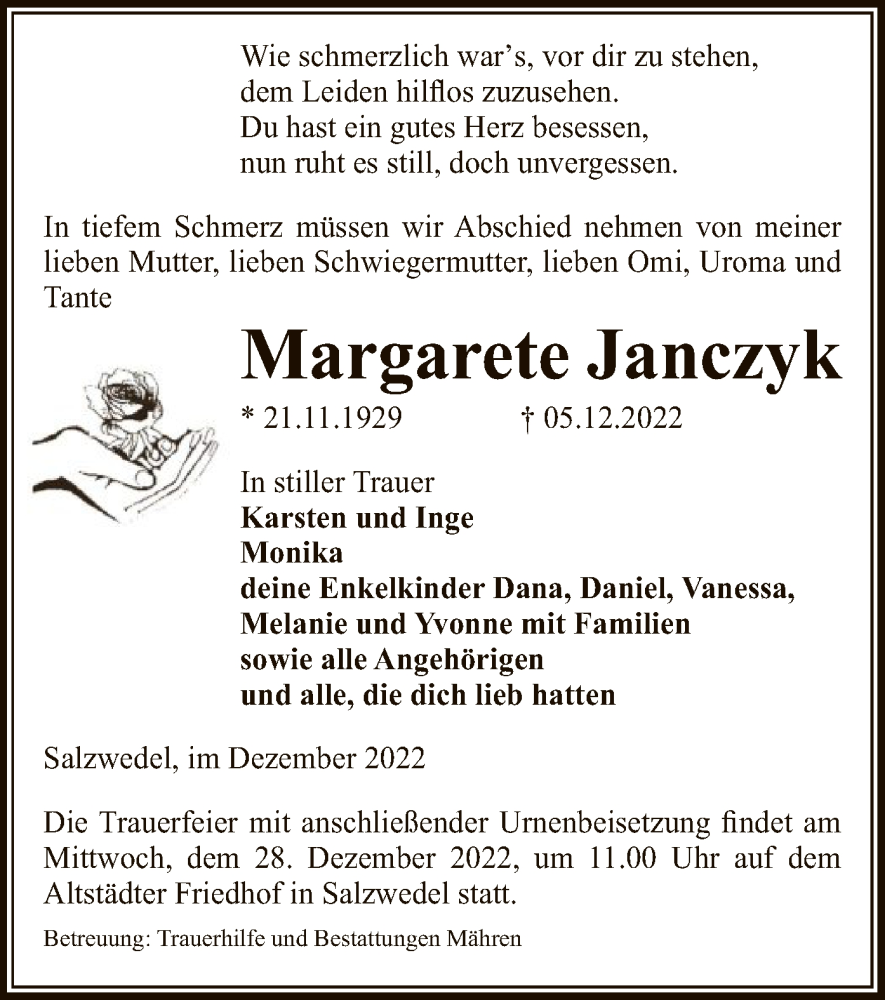  Traueranzeige für Margarete Janczyk vom 09.12.2022 aus UEL