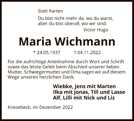 Traueranzeige von Maria Wichmann von UEL