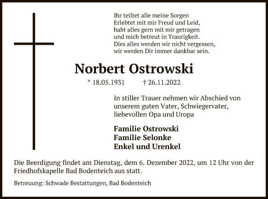 Traueranzeige von Norbert Ostrowski von UEL