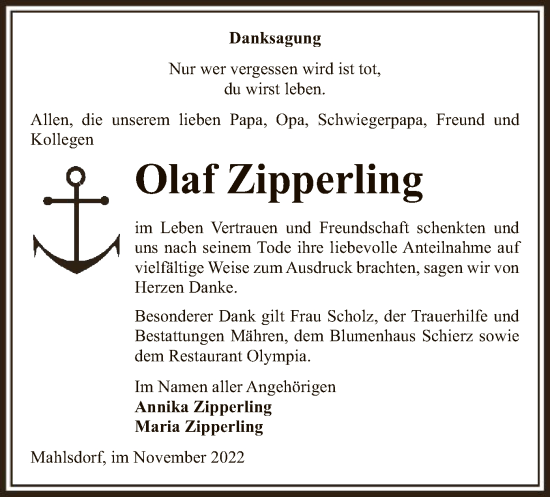 Traueranzeige von Olaf Zipperling von UEL